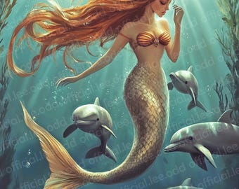 月明かりに照らされた人魚のアートプリント – ゴシック調の海の風景
