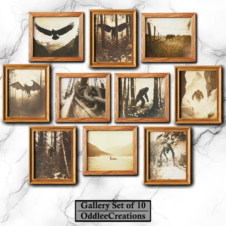May include: A set of 10 framed sepia-toned photographs featuring various mythical creatures and landscapes. The frames are made of wood and have a rustic brown finish. The images include a flying bird, a dragon, a sasquatch, a lake, and a forest.