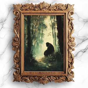 May include: A framed painting of a shadowy figure sitting in a misty forest. The figure is silhouetted against a background of tall trees and a soft, ethereal light.