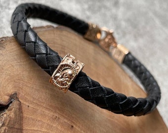 orthodox leather icon bracelet 585* gold christian bracelet gift for him religious jewerly custom bracelet with saint orthodox gift