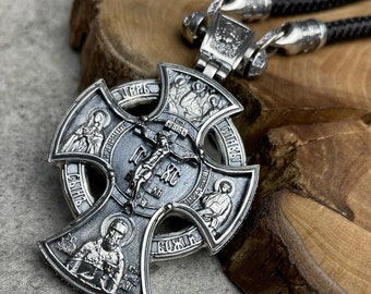 925* silver orthodox christian cross pendant orthodox necklace “Save and Preserve” silk lace christian necklace men's gift orthodox