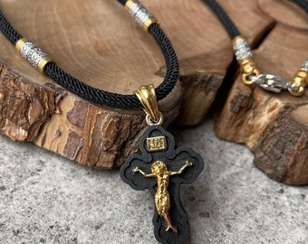 Collar con crucifijo de madera de ébano, encaje de seda y dije "Guardar y preservar", collar ortodoxo, joyería cristiana, collar de plata bañado en oro.