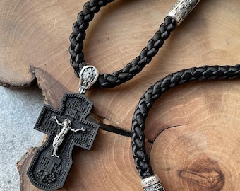 Collar de seda ortodoxa con cruz de madera de ébano y crucifixión de Jesús con dijes, collar cristiano, joyería religiosa, cruz para hombre, colgante ortodoxo griego
