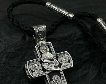 925* Silver & Ebony wood Cross, Orthodox Pendant, Jesus Crucifix Cross, Christian Pendant with Saints Mens Protection Gift Religious Jewerly