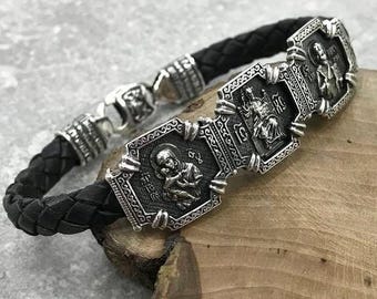 925* silver & leather Orthodox Christian bracelet religious armband men's protection gift bracelet with Saints Christian Charm Icon bracelet
