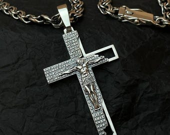 925* Silver Orthodox Crucifix Cross with Prayer "Our Father" Christian Pendant Religious Necklace Men's Protection Charm Orthodox Necklace