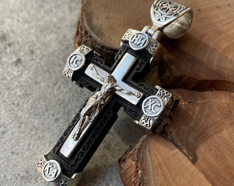 925* silver crucifix cross "save and preserve" orthodox pendant christian jewerly gift for him silver greek orthodox cross pendant