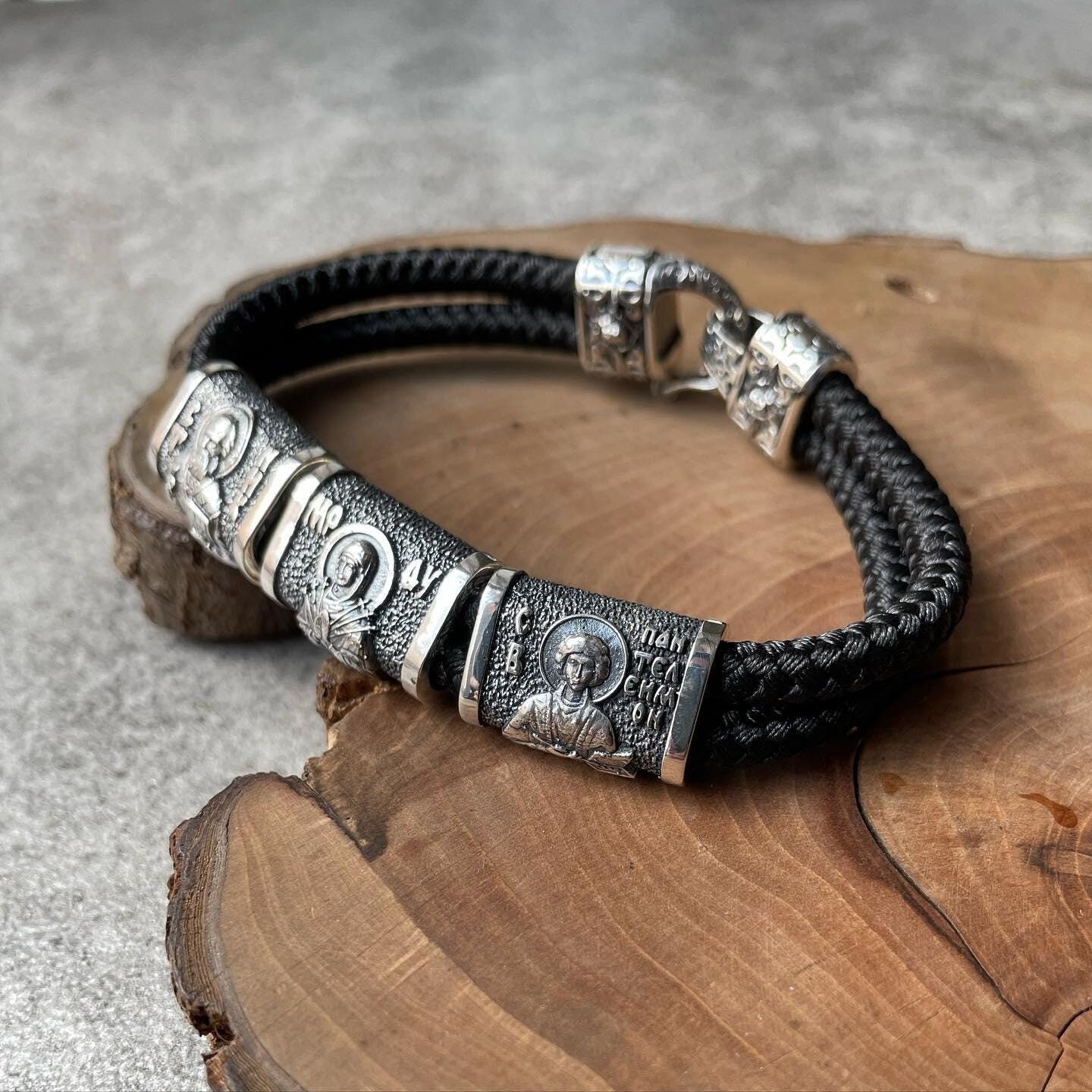 Orthodox bracelet with saints religious jewerly christian bracelet 925* sterling silver silk lace bracelet orthodox jewerly gift for him