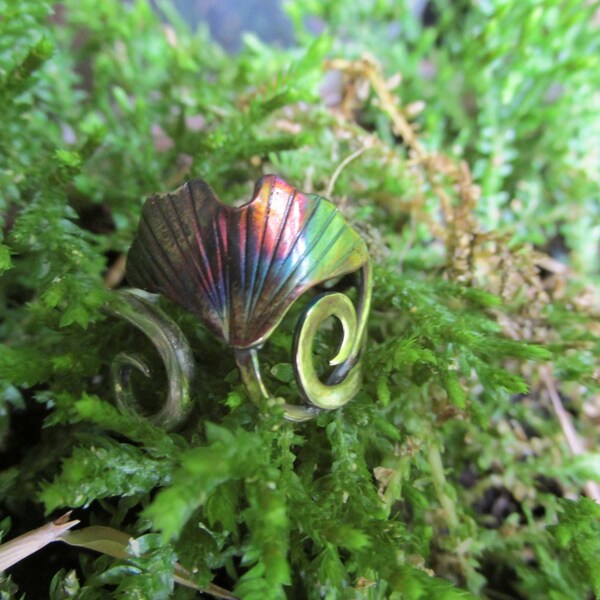 Sterling Silver and Bronze  Brutalist  Ginkgo  Adjustable Spiral Ring