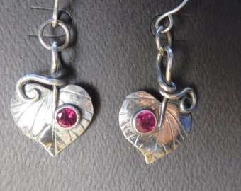 Sterling Silver Medium Redbud Dangle Earrings with Inset Rhodolite Garnets