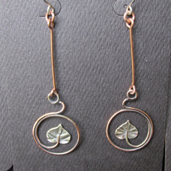 Elven Copper Circling Galax Leaf Earrings, Sterling Silver Brutalist Earrings, Botanical Earrings