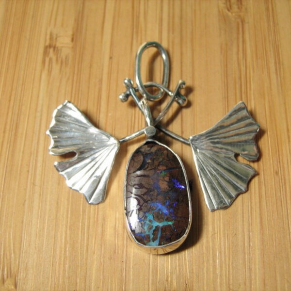 Sterling Silver Ginkgo and Boulder Opal Leaf Moth Pendant.