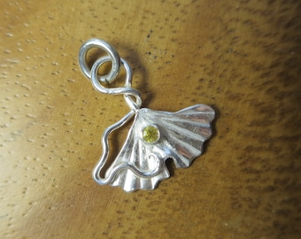 Small Yellow Sapphire and Ginkgo Leaf Pendant, Sterling Silver Brutalist Gemstone Pendant