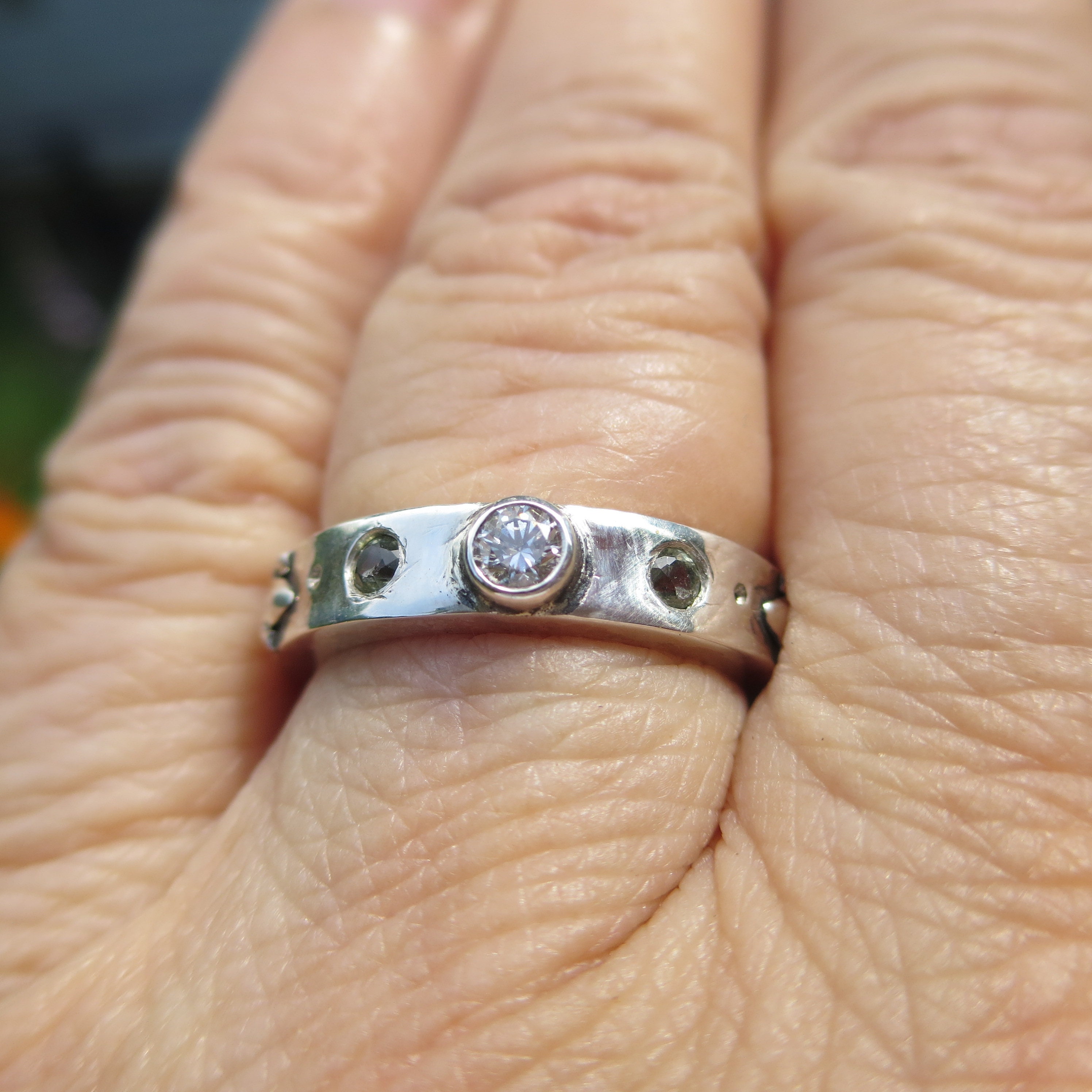 Diamond and Green Sapphire Sterling Silver Wedding Band, Gemstone