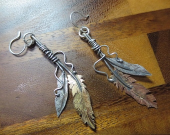 Double Feather Earrrings, Sterling Silver Medium sized