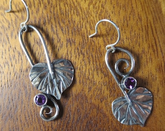 Beautiful Redbud and Amethyst Earrings, Long Silver Leaf and purple stone earrings, Botanical Earrings