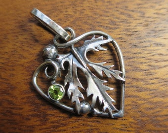 Medium Japanese Maple Leaf Pendant with Peridot Pendant, Sterling Silver Brutalist Peridot and Japanese Maple Leaf Pendant