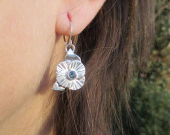 Small sterling Silver Brutalist London Blue topaz Flower Drop Earrings