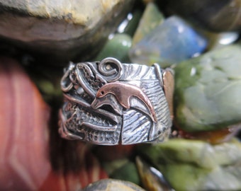 Copper Dolphin Sterling Silver Brutalist Collage Size 8.75 Ring, Textured Mixed Metal Ring