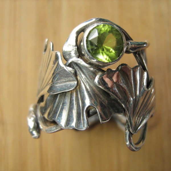 Sterling Silver Triple Ginkgo leaf and Peridot Adjustable ring