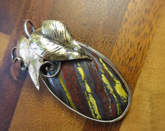 Aesthetic Sterling Silver Brutalist Tiger Iron Pendant, Botanical Mixed Metal Caladium Leaf Gemstone Pendant