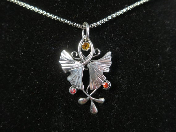 Sterling Silver Ginkgo Leaf Pendant: Red Sapphire Botanical Jewelry