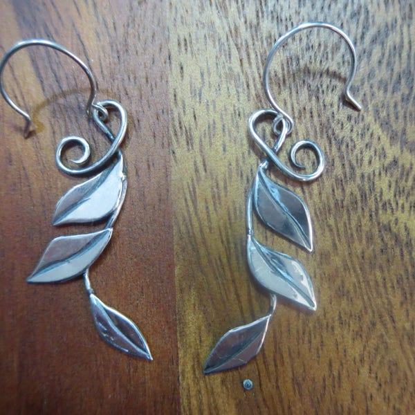 Botanical Long Leaf Silver Earrings, Sterling Silver Brutalist Triple Leaf Earrings