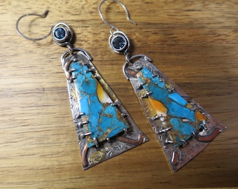 Dazzling Copper Spiny Oyster and Turquoise Dangle Earrings, Keum Boo Sterling Silver Brutalist Gemstone Earrings