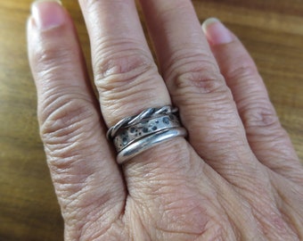 Industrial Textured Sterling Silver Stacking Ring Set of 3, Size 7, Brutalist Hammered Silver Rings