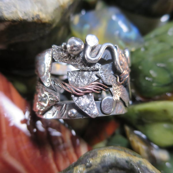 Abstract Sterling Silver Brutalist Collage Ring size 9, Textured Silver Ring