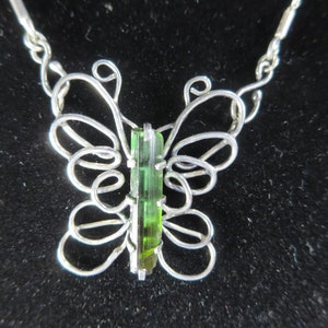 Sterling Silver Brutalist Butterfly Necklace: Green Tourmaline Crystal