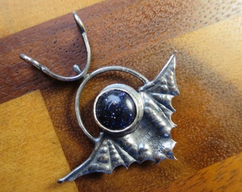 Medium Sterling Silver Brutalist Blue Goldstone Moon and Bat Pendant, Halloween Full Moon and Textured Silver Bat Pendant