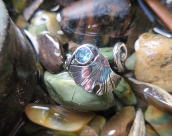 Sterling Silver Brutalist Blue Topaz and Ginkgo Adjustable Ring, Textured Silver Leaf and Gemstone Ring