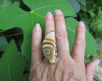 Polychrome Jasper Sterling Brutalist Adjustable Ring