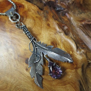 Artisan Sterling Silver Brutalist Purple Amethyst Feather Pendant