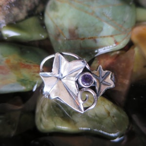 Ivy Leaf Amethyst Ring, Sterling Silver Brutalist Botanical Ring, Size 8