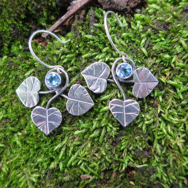 Sterling Silver Brutalist Galax Leaf and Blue Topaz Earrings, Botanical Gemstone earrings