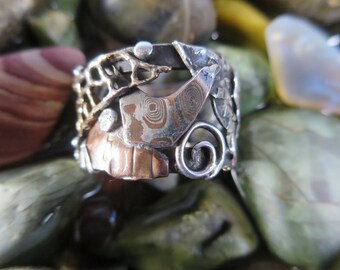 Mixed Metal Ring, Textured Sterling Silver Brutalist Collage Size 8.5 Ring, Hammered Silver Ring
