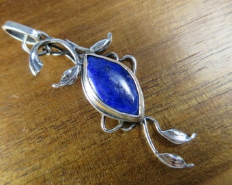 Aesthetic Lapis Lazuli Botanical Pendant, Sterling Silver Brutalist Leaf and Tendril Gemstone Pendant