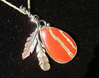 Copper Feather and Sterling Silver Brutalist Red Jasper and Agate Pendant