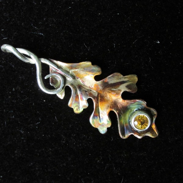 Bronze Oak Leaf with Yellow Sapphire Brutalist Pendant