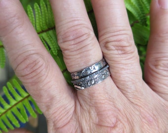 Sterling Silver Brutalist Stacking Ring Set of 3, Textured Mixed Metal Rings, Industrial Hammered Silver Rings