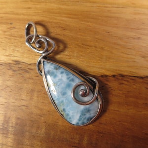 Elven Sterling Silver Larimar Spiral Pendant, Brutalist Blue Gemstone Pendant