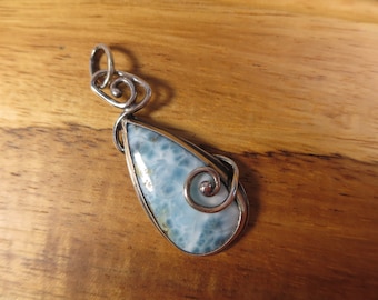 Elven Sterling Silver Larimar Spiral Pendant, Brutalist Blue Gemstone Pendant