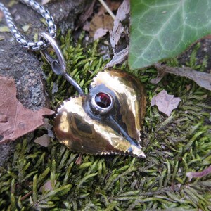 Brass Aspen Leaf Pendant: Sterling Silver Stem, Garnet Gemstone