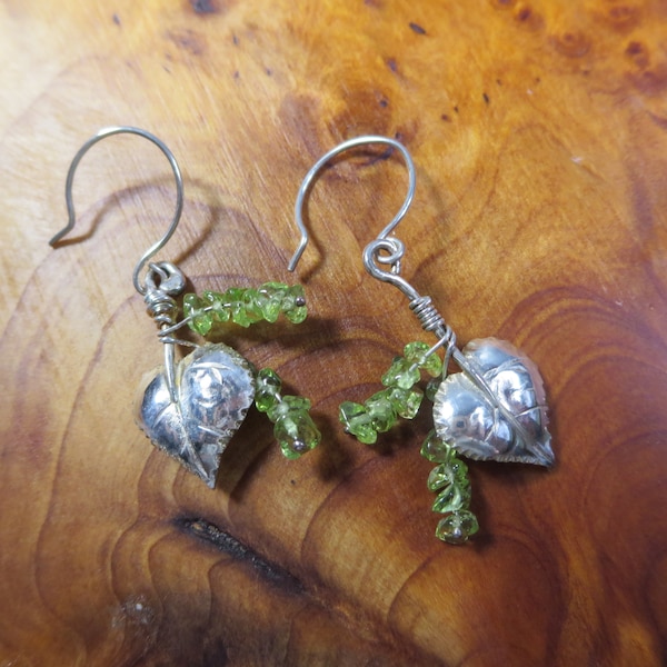 Sterling Silver Brutalist Aspen leaves and Catkin Earrings.