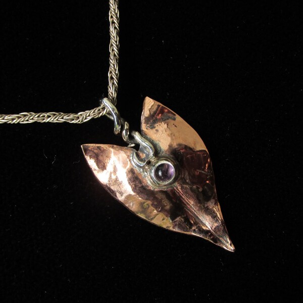 Copper Caladium  Leaf and Amethyst Brutalist Pendant