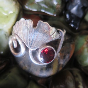 Sterling Silver Ginkgo Leaf Garnet Ring - Elven Brutalist Style, Size 7