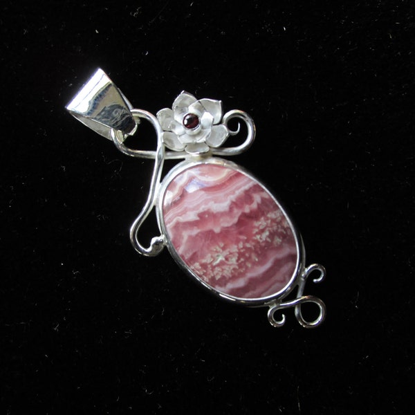 Sterling Silver Brutalist Rhodochrosite Pendant with Red Sapphire Flower