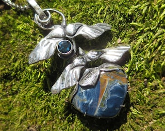 Sterling Silver Pietersite and Topaz Brutalist Pendant, Botanical Maple Seed Blue Gemstone Pendant